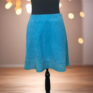 Anthro - LEIFDOTTIR Teal Blue Goatskin Suede Perforated Skirt Size 4